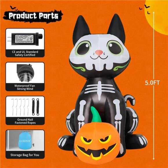 5 FT Halloween Inflatables Skeleton Cat Outdoor Decorations Blow Up Yard - Picture 6 of 7